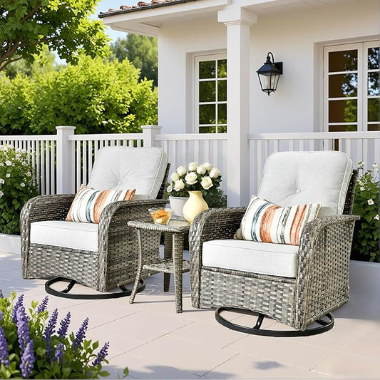 Wicker Rocking Chair Swivel Chairs - 3 Piece Rocker Glider Patio Chairs Set Rattan Rocking Chair for Outdoor Porch Deck Garden Backyard,Grey