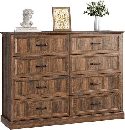 CARPETNAL Farmhouse 8 Drawer Dresser for Bedroom, 55 Inch Wide Modern Brown Dresser TV Stand with Large Drawers & Bar Handles, Rustic Wood Chest of Drawers for Bedroom, Living Room, Hallway, Entryway.