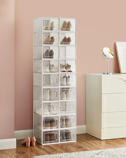 SONGMICS Shoe Boxes, Pack of 18 Shoe Storage Organizers, Stackable Clear Plastic Boxes for Closet, Sneakers, 13.7 x 9.9 x 7.4 Inches, Transparent and White ULSP18MWT