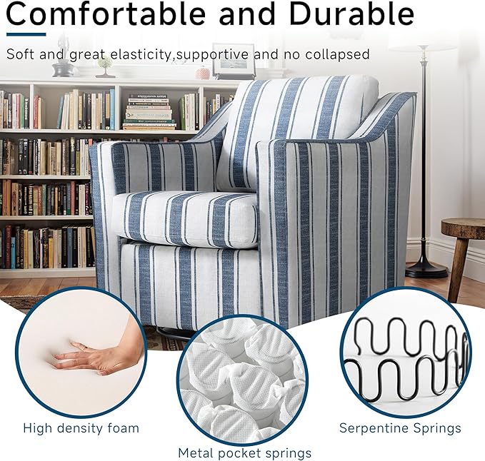 Pia Ricco 360° Swivel Accent Chair, Oversized Modern Striped Fabric Armchair with Removable Cover for Living Room and Reception,Navy