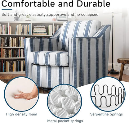 Pia Ricco Set of 2 Oversized Modern Striped Fabric Swivel Accent Chairs with Removable Covers, Living Room Reception Set,Navy