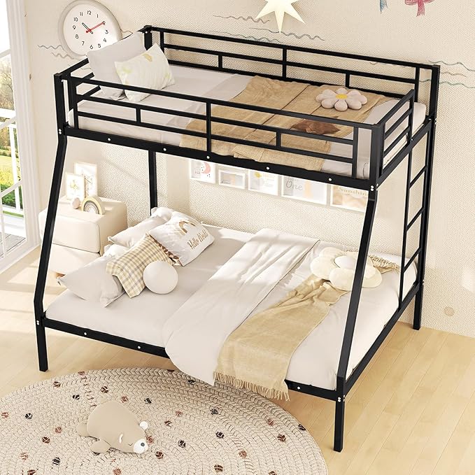 Giantex Metal Bunk Beds Twin Over Full Size, Heavy Duty Loft Bunk Bed with Ladder & Guardrail, Space Saving Bunk Bed for Dorm Apartment, Teens & Adults, Noise-Free, No Box Spring Needed, Black