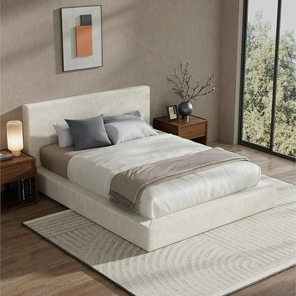 RECCI Cloud Upholstered Full Bed Frame with Headboard, 5 Inch Foam Padded Platform, No Box Spring, Easy Assembly(Cream)