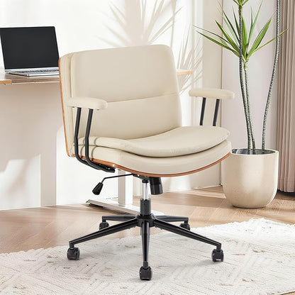 Home Office Desk Chair with Armrests & Wheels, Modern Walnut Swivel Rolling Executive Task Chair, PU Leather Vanity Chair with Lumbar Support, Height Adjustable Ergonomic Computer Chair (Beige)
