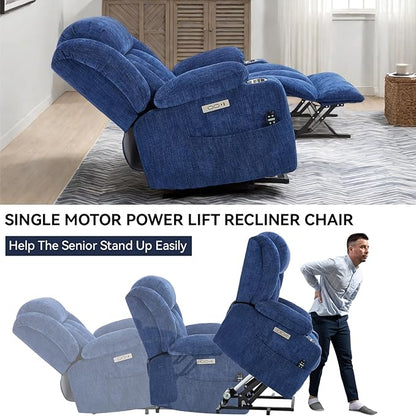 Power Lift Recliner Chair, 350lb Capacity with 8-Point Massage & Heating, USB/Type-C Ports & Cup Holders, Heavy Duty Chenille Recliner for Elderly, Blue
