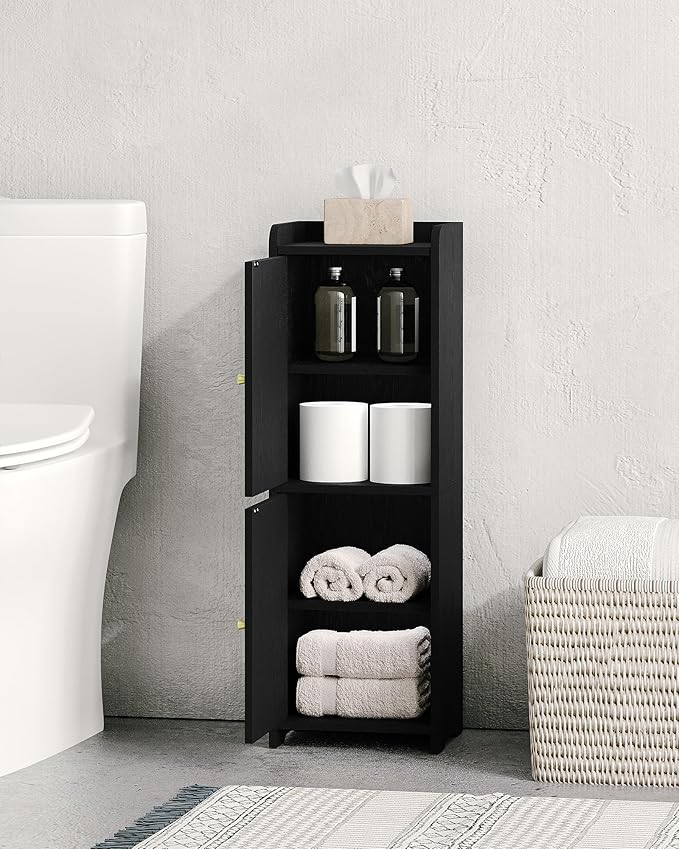 Bathroom Storage Cabinet, Corner Floor Cabinet with 2 Doors and Adjustable Shelf, Narrow Toilet Paper Cabinets, Bathroom Organizer for Small Spaces, 7.9" D x 9.8" W x 29.5" H Black