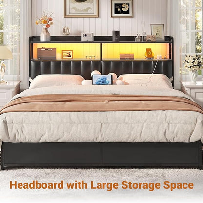 Aheaplus Headboard for Queen Size Bed Frame, Upholstered Headboards with Outlets, USB Ports and LED Light, Leather Head Board with Storage, Height Adjustable, Comfortable Headboard, Queen Size, Black