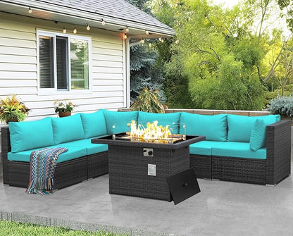 NICESOUL 7 Piece Large Modern Patio Furniture Set with Propane/Gas Firepit Table, 29.3'' High Back Comfy Wicker Sectional Sofa Couches with Fire Pit, Outdoor Deep Conversation, Fade-Proof, Turquoise