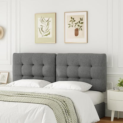 Tufted Upholstered King Headboard, Adjustable Height King Size Headboard Only from 39”to 44” with Durable Solid Wood Legs, Modern Button Diamond Fabric Head Board with Width Adapters, Grey