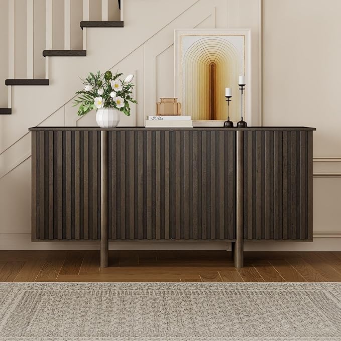 LukeAlon Fluted Sideboard Cabinet with Storage, 65" Mid-Century Modern Accent Buffet Cabinet, Wooden Credenza Cabinets for Living Room Dining Room Entryway Hallway, Walnut Color