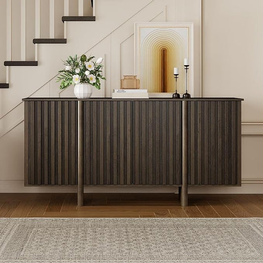 LukeAlon Fluted Sideboard Cabinet with Storage, 65" Mid-Century Modern Accent Buffet Cabinet, Wooden Credenza Cabinets for Living Room Dining Room Entryway Hallway, Walnut Color