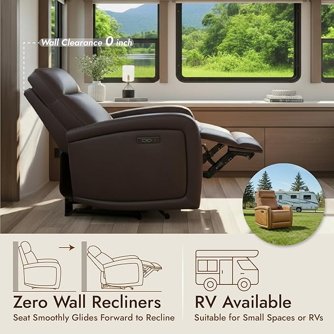 Watson & Whitely Recliner Chair, Zero Wall Reclining Sofa Chair W Power Headrest Type-C Charger, Small Faux Leather RV Recliners Home Theater Seating for Living Room, Chocolate