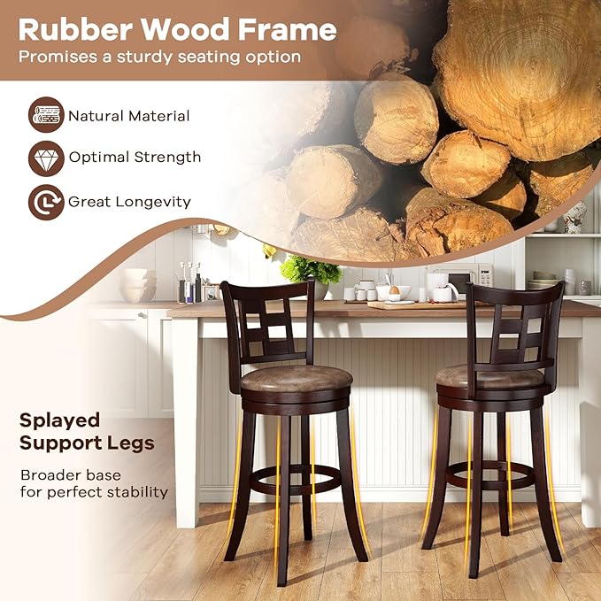 COSTWAY Set of 2 Bar Stools, 30” Swivel Bar Chairs with Footrest, Rubber Wood Frame & Lattice Backrest, Leathaire Bar Height Stools for Kitchen Island (2, 30”)