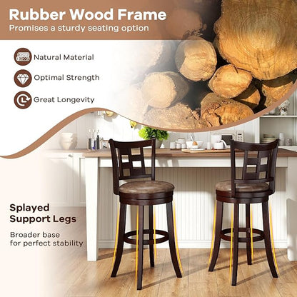 COSTWAY Set of 2 Bar Stools, 30” Swivel Bar Chairs with Footrest, Rubber Wood Frame & Lattice Backrest, Leathaire Bar Height Stools for Kitchen Island (2, 30”)