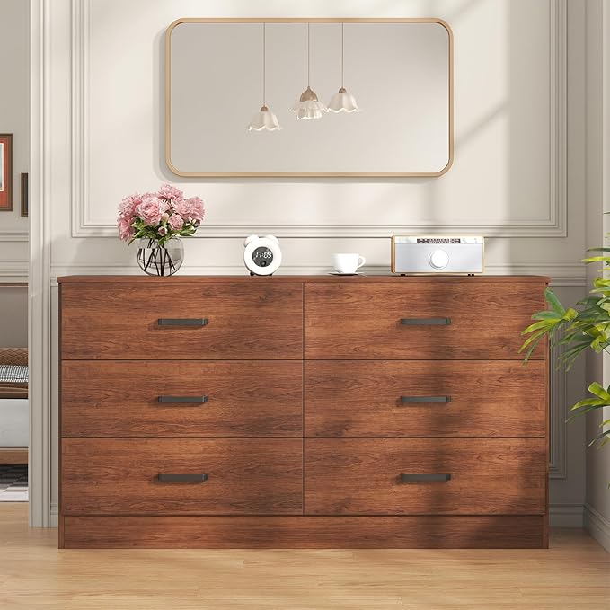 Bigbiglife Wood Dresser for Bedroom, 6 Drawer Double Dresser, Mid Century Modern Chest of Drawers with Deep Drawers, Large Storage Organizer for Living Room, Closet(Walnut Brown)