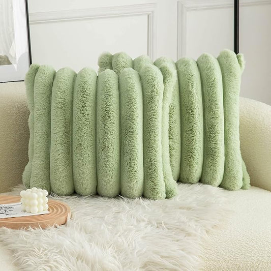 Neelvin Green Faux Fur Cozy Soft Striped Decorative Throw Pillow Covers 18x18 inch Set of 2,Velvet Pillowcase Cushion Case for Sofa Couch
