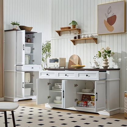 63" White Buffet Sideboard Cabinet with 4 Doors and 3 Drawers, Modern Farmhouse Kitchen Storage Cabinet, Coffee Bar Cabinet with Adjustable Shelves, Living Room Storage, Dining Room
