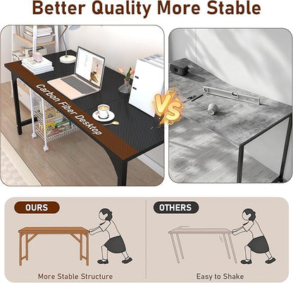 StarGraph Modern Computer Desk 55 Inch Large Office Desk with Carbon Fiber Desktop Home Office Desks with Sturdy Metal Frame Gaming Study Writing Work from Home Desks, Black