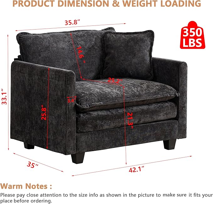 Aoowow Chenille Upholstered Accent Chair Oversized,Fluffy Single Cloud Sofa Chairs with Deep Seat,Modern Large Reading Arm Chair with Throw Pillow for Living Room,Bedroom (Black, Single Sofa Chair)