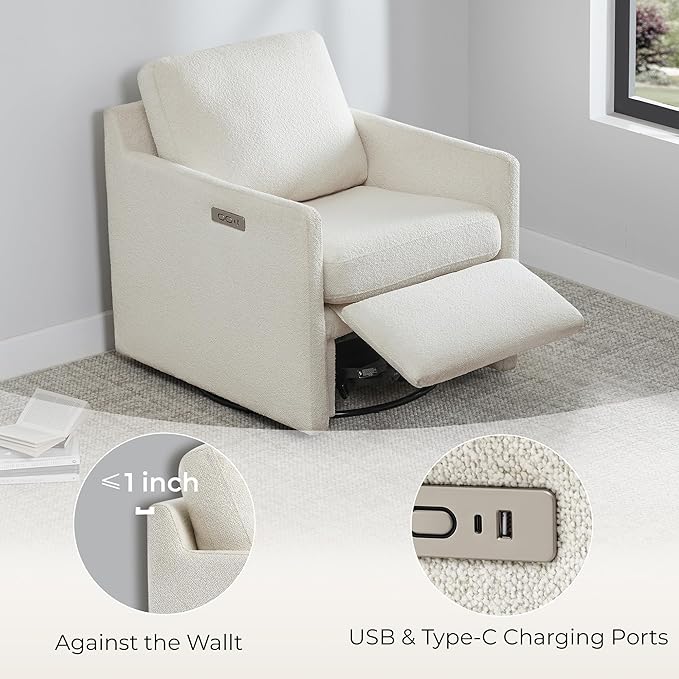 CHITA Swivel Accent Chair with Electric Footrests, FSC Certified Upholstered Living Room Sofa Chair with Power Motor, USB and Type-C Ports, Cream