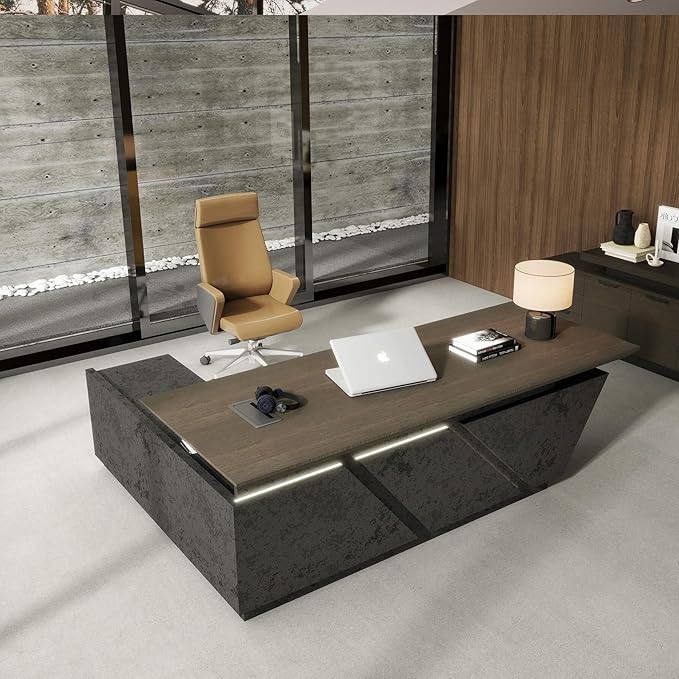 86.6" Adjustable Height L-Shaped Executive Desk with LED Light Strip - Black Inverted Trapezoid Design, Includes Storage Cabinet with Drawers & Doors, Ergonomic Standing Office Desk for Home & Office