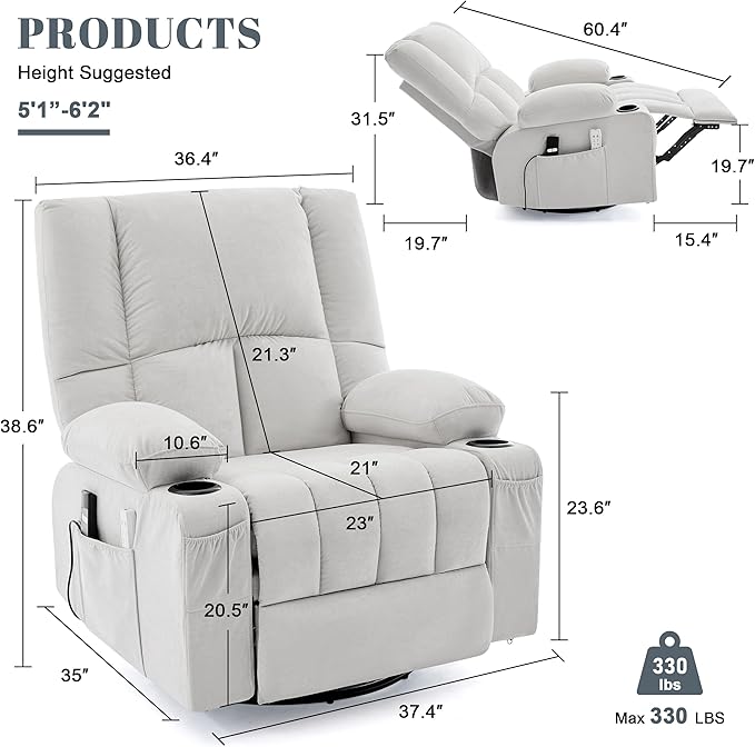 Swivel Rocker Chair with Heat and Massage, 270° Power Recliner Chairs for Adults, USB and Type-C Ports, Oversized Recliner Single Sofa, Electric Glider Chair(LightGrey)