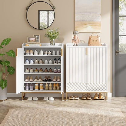 Tribesigns Shoe Cabinet with Doors, 5 Tiers Shoe Storage Cabinet for Entryway, 25 Pairs Wooden Shoe Cabinets, Modern Shoe Organizer Storage for Living Room, Bedroom, Hallway, Closet, White