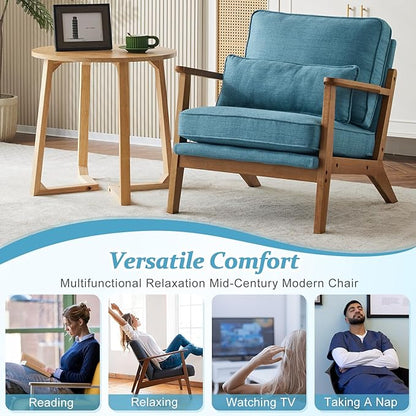 VINGLI Solid Wood Wide Armrests Accent Chair Set of 2,Upholstered Mid Century Modern Chair with Pillow,Comfy Reading Chair,Chairs Living Room,Bedroom,Guest Room,Linen Fabric,Navy Blue