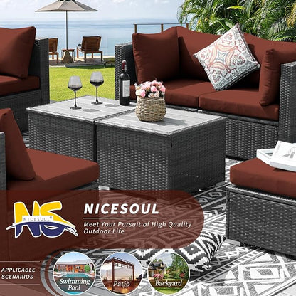 NICESOUL 11 Piece L Shape Patio Furniture Set, 29.3'' High Back Comfy Rattan Outdoor Conversations, Big Size Deep Seated Contemporary Sectionals for Backyard Deck Porch, 2 Color Cushion Red & Gray