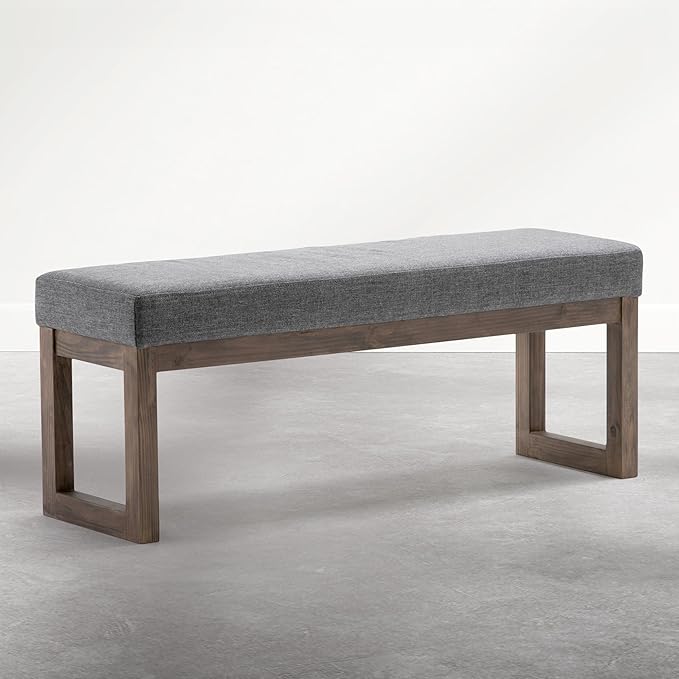 SIMPLIHOME Milltown Large Ottoman Bench - 44 inch Wide Upholstered Solid Wood Rectangular Ottoman Bench in Parisian Grey, Contemporary Entryway or Bedroom Bench with Cushioned Seat and Narrow Profile