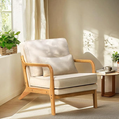 Modern Accent Chair Set of 2 with Lumbar Pillow, Relaxing Mid Century Chair Armchair with Solid Wood Frame & Soft Cushion, Reading Leisure Armchair for Living Room, Beige