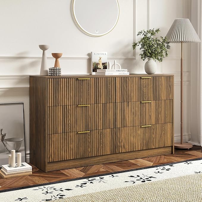 3-Piece Modern Bedroom Furniture Set, Wide 6-Drawer Dresser & 2-Drawer Nightstands Set of 2, Natural Wood Dresser and Nightstand Sets for Bedroom, Hallway, Walnut