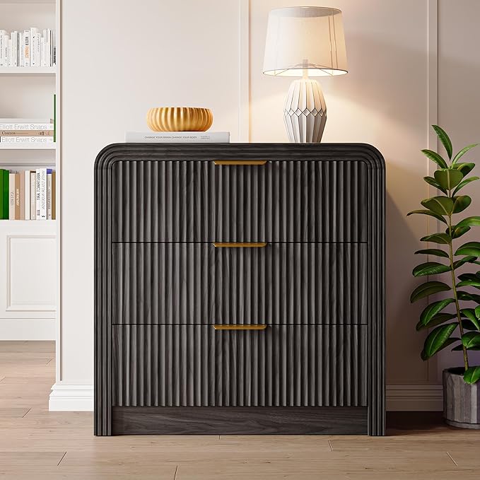 Fluted 3 Drawer Dresser, 31.8'' Tall Dresser for Bedroom, Modern Wood Chest of Drawers with Round Edge & Metal Handle, Large Nightstand with 3 Drawers for Living Room, Hallway, Entryway (Dark Walnut)