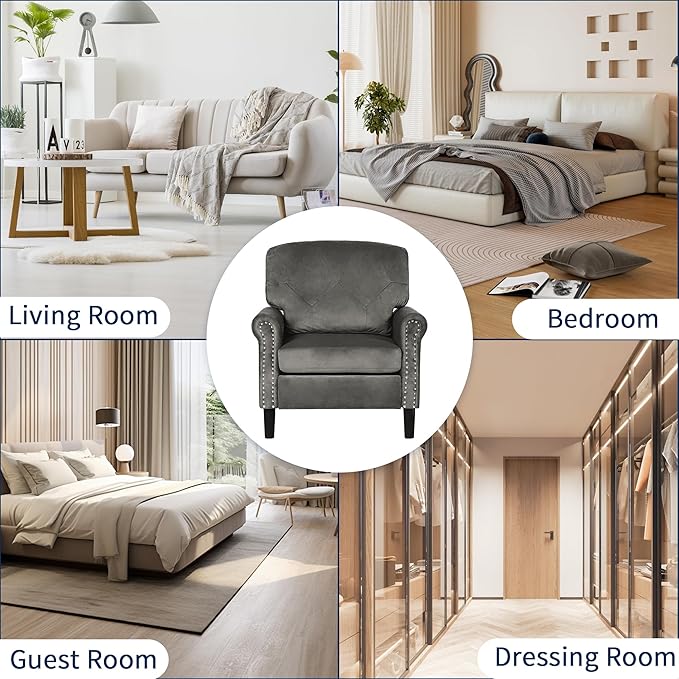 Accent Chair for Living Room, Mid-Century Modern Upholstered Armchair, Comfy Velvet Chair w/Wood Legs & Nailhead Trim, Wingback Chair for Bedroom, Grey