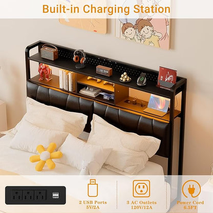 Unikito Headboard for Queen Size Bed Frame, Upholstered Head Board with Outlets, USB Ports and LED Light, Comfortable Leather Headboards with Storage Shelf, Sturdy Queen Bed Headboard Only, Black