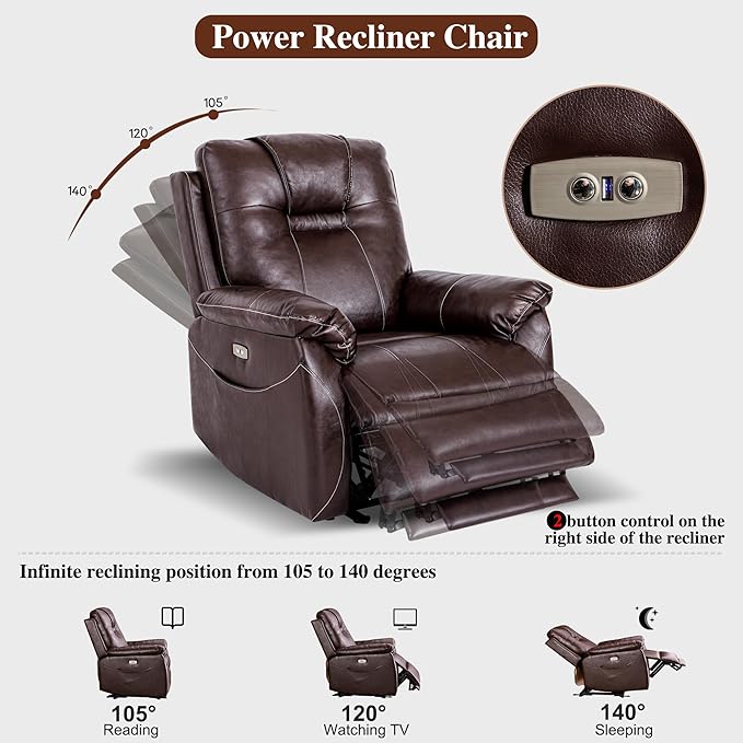 Power Recliner Chair with Heat and Massage, Electric Leather Recliner Chair for Adults with Extended Footrest, USB Port & Side Pockets, Faux Leather Massage Chair for Living Room (Brown)