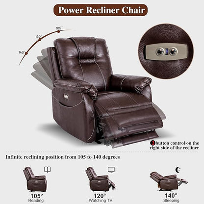 Power Recliner Chair with Heat and Massage, Electric Leather Recliner Chair for Adults with Extended Footrest, USB Port & Side Pockets, Faux Leather Massage Chair for Living Room (Brown)