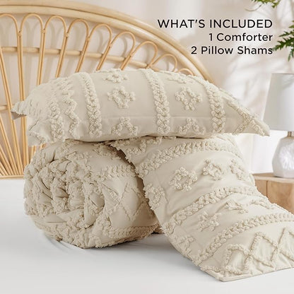 Bedsure Tufted Boho Comforter Set King Size - Beige Boho Bed Set, GentleSoft™ 3 Pieces Farmhouse Shabby Chic Embroidery Bedding, Gifts for Woman, Soft Jacquard King Comforter for All Seasons
