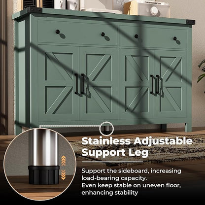 Buffet Cabinet with Storage Farmhouse with 4 Doors and 2 Drawers, 55'' Large Kitchen Storage Cabinet Green Wood Coffee Bar Buffet Sideboard for Kitchen, Dining Room, Living Room