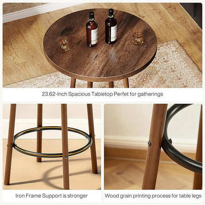 Tribesigns 3 Pieces Bar Table Set, 23.6" Round Pub Table, Small Bar Height Pub for 2, Industrial Home Bar Unit Set with 2 Stools for Kitchen, Dining Room, Living Room & Bistro, Rustic Brown