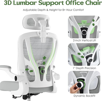Office Chair Ergonomic Desk Chair - Mesh High Back Office Chair with Headrest Wheels Lumbar Support Home Desk Office Chairs Flip up Armrest Executive Rolling Swivel Task Computer Chair White