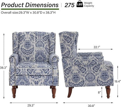 Accent Chair, Upholstered High Back Floral Armchair with Nailhead Trim & Wood Legs, Comfy Wingback Reading Single Sofa Chair for Small Spaces, Living Room, Bedroom ( Navy Blue Floral, Set of 1)