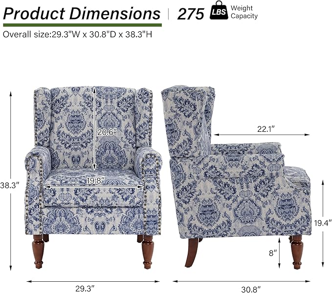 Accent Chair Set of 2, Upholstered High Back Floral Armchair with Nailhead Trim & Wood Legs, Comfy Wingback Reading Single Sofa Chair for Small Spaces, Living Room, Bedroom-Navy Blue Floral