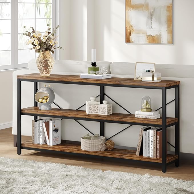 Tribesigns 55-Inch Industrial Sofa Table, 3-Tier Console Table with Metal Frame and Open Shelves, Modern Decorative Shelf, Open TV Shelf for Living Room, Entryway, Hallyway (Brown and Black)