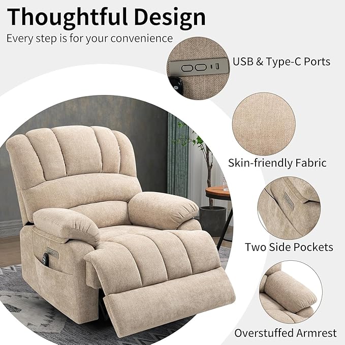 Power Recliner with Vibration Massage & Lumbar Heat, Electric Lift Chairs for Elderly, High Back Reclining Max 155 Degree with Charging Ports, Chenille Fabric Beige