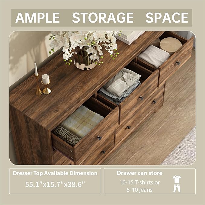 Dresser for Bedroom, 9 Drawer Dresser with Large Drawers, 55 Inch Wide Wood Chest for Living Room, Hallway, Walnut