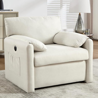 Oversized Accent Chair 38" Wide Mid-Century Modern Armchair for Living Room,USB and Type-C Ports,Comfy Reading Chairs for Bedroom with Side Pockets,Single Sofa Chair (Beige, Set of 1)