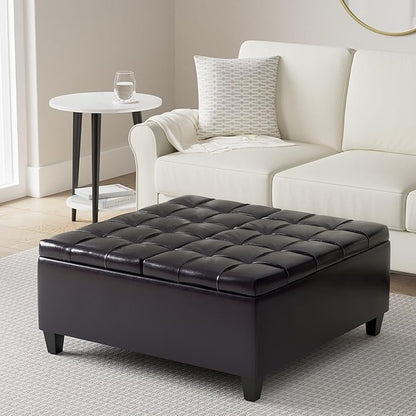 SIMPLIHOME Harrison 36 inch Wide Transitional Square Coffee Table Storage Ottoman in Tanners Brown Vegan Faux Leather, Assembled, For the Living Room and Bedroom