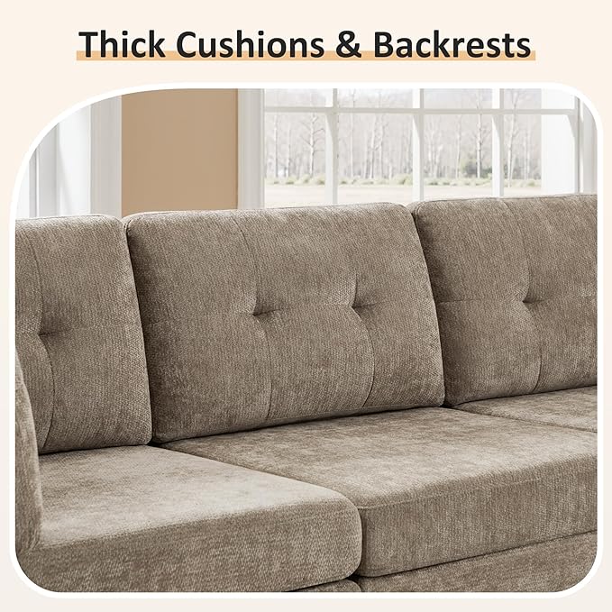 VANOMi 4 Seat Modular Cloud Sofa with Ottoman, 118" Modular Sectional Sofas & Couches for Living Room, Cozy Chenille Cloud Sectional Couch Sofas for Living Room, Apartment, Office, Camel, L Shaped