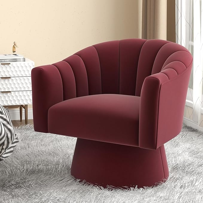 Swivel Accent Chair Set of 2, Upholstered Velvet 360° Swivel Barrel Chair for Living Room Overstuffed Bouncle Reading Chair Round Armchair for Bedroom,Vanity,Office (Red)